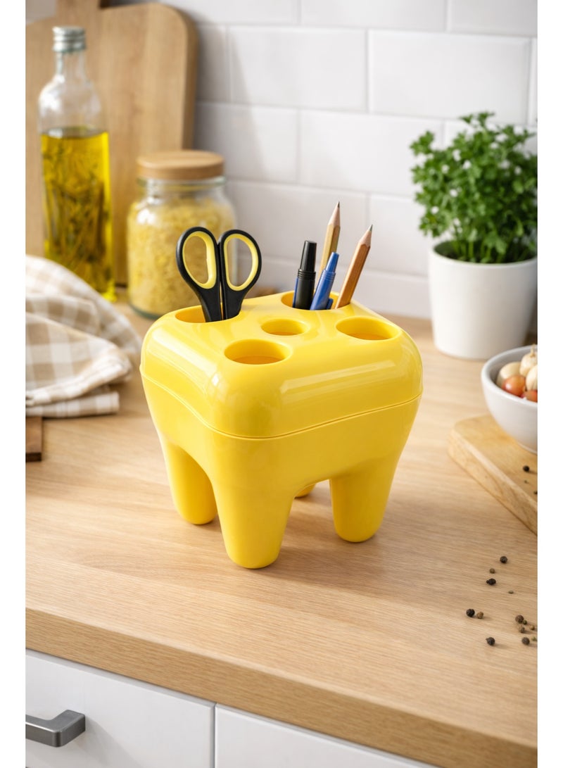 حامل ومنظم أقلام وفرش أسنان بلاستيك بتصميم مبتكر على شكل ضرس للمكتب والحمام - أصفر - Image 3