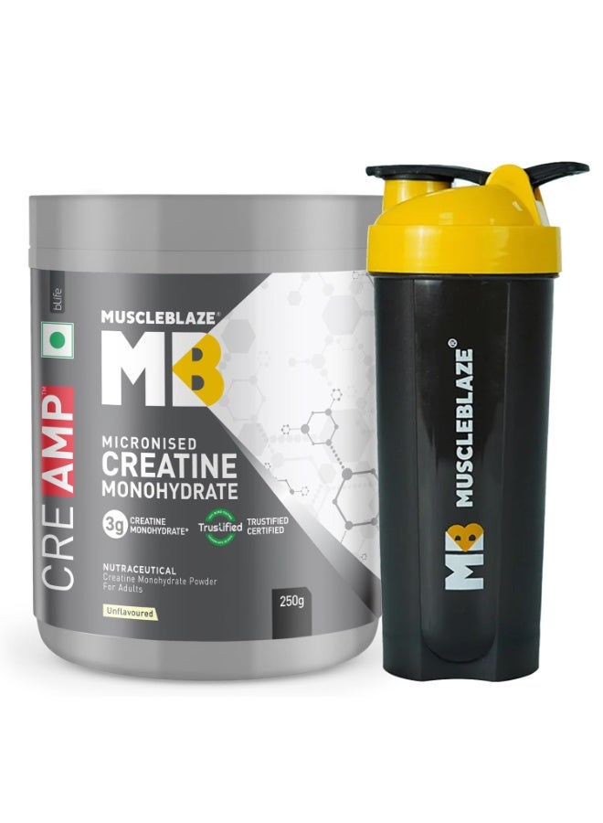 مسل بلايز مسحوق MuscleBlaze CreAMP (كرياتين مونوهيدرات ميكروني)، غير مُنكَّه (80 حصة، 250 جم) مع عبوة خلط (Shaker) | كرياتين معتمد من Trustified - Image 1