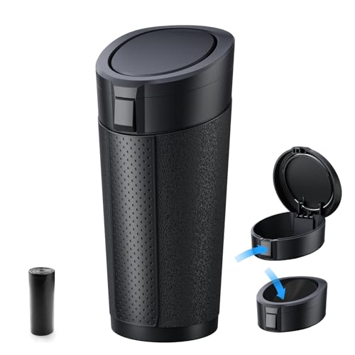 AotoKinMirro Car Cup Holder Trash Can with Lid - Mini Small Auto Garbage Can Bin for Vehicle, Car Door, Back Seat - Leakproof Portable Dustbin (Black) - Image 1