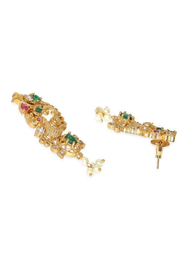 Rubans Womens 22K Gold-Plated Pink Kemp & Emerald Zirconia Crystal Studded Handcrafted Long Pearl Beaded Necklace Set - Ideal for Weddings, Parties & Special Occasions - Image 2