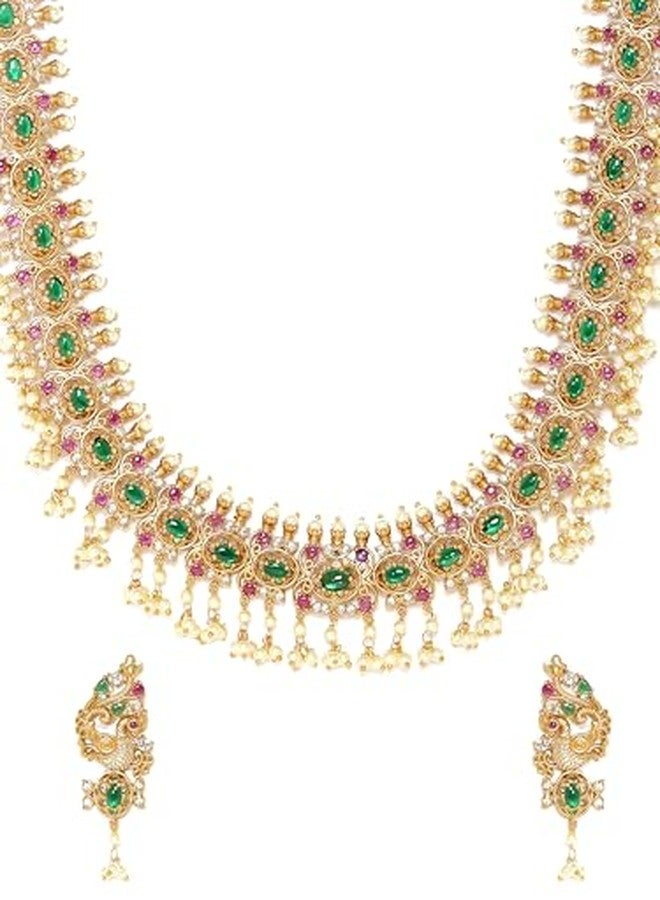 Rubans Womens 22K Gold-Plated Pink Kemp & Emerald Zirconia Crystal Studded Handcrafted Long Pearl Beaded Necklace Set - Ideal for Weddings, Parties & Special Occasions - Image 4