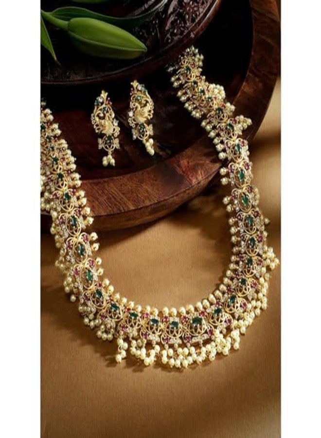 Rubans Womens 22K Gold-Plated Pink Kemp & Emerald Zirconia Crystal Studded Handcrafted Long Pearl Beaded Necklace Set - Ideal for Weddings, Parties & Special Occasions - Image 3