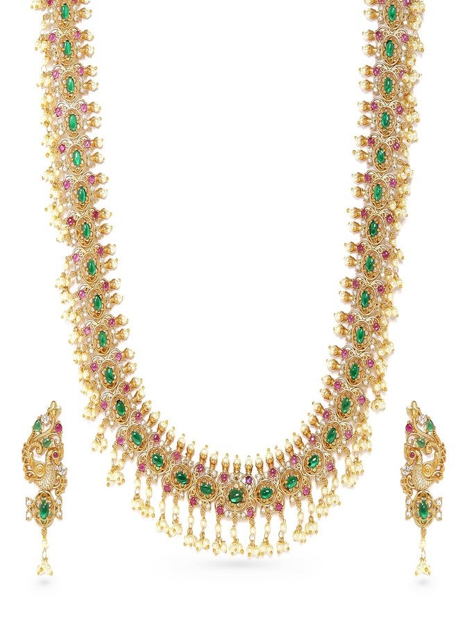Rubans Womens 22K Gold-Plated Pink Kemp & Emerald Zirconia Crystal Studded Handcrafted Long Pearl Beaded Necklace Set - Ideal for Weddings, Parties & Special Occasions - Image 1