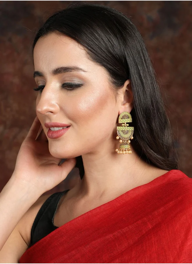 ISHIN Gold-Toned & Green Classic Jhumkas Earrings