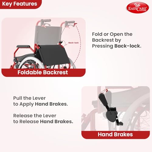 EASYCARE® Imported MS 11kg Ultra Lightweight Transporter Wheelchair with Hand Brake, Attendant Break & Quick Lock, Seat Belt, Foldable Backrest, Flip-Up Leg Rest, 105kg Capacity (20 Inches) - Image 4
