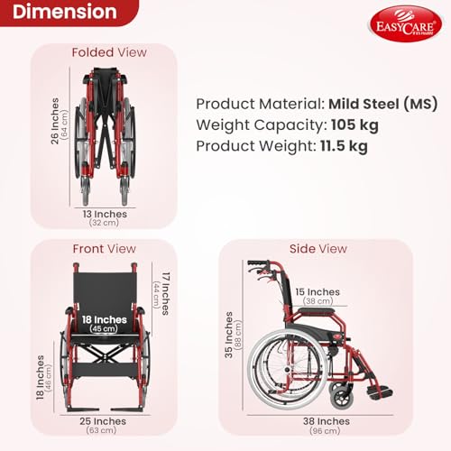EASYCARE® Imported MS 11kg Ultra Lightweight Transporter Wheelchair with Hand Brake, Attendant Break & Quick Lock, Seat Belt, Foldable Backrest, Flip-Up Leg Rest, 105kg Capacity (20 Inches) - Image 3