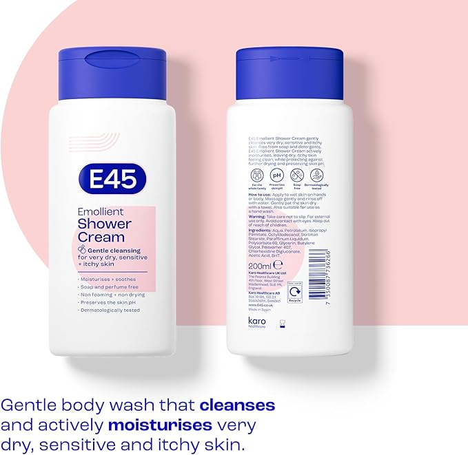 E45 Shower Cream for Dry Sensitive and Itchy Skin Moisturising Body Wash for Men and Women Helps Maintain Skin pH Suitable for Eczema and Dermatologically Tested 200 ml - Image 2