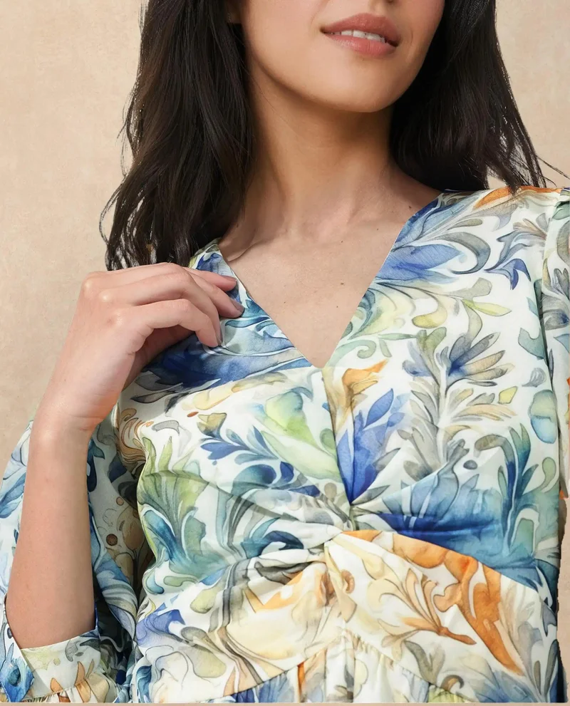 Rareism Women's Printed Knee Length Dress With Full Sleeves