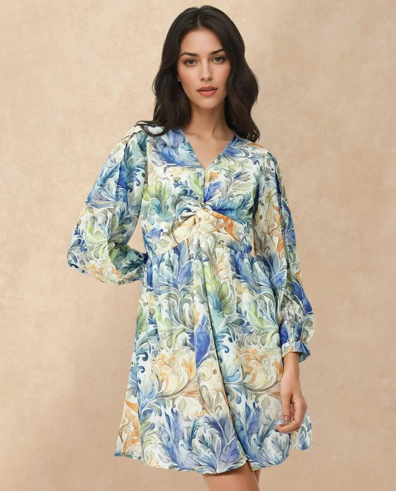 Rareism Women's Printed Knee Length Dress With Full Sleeves