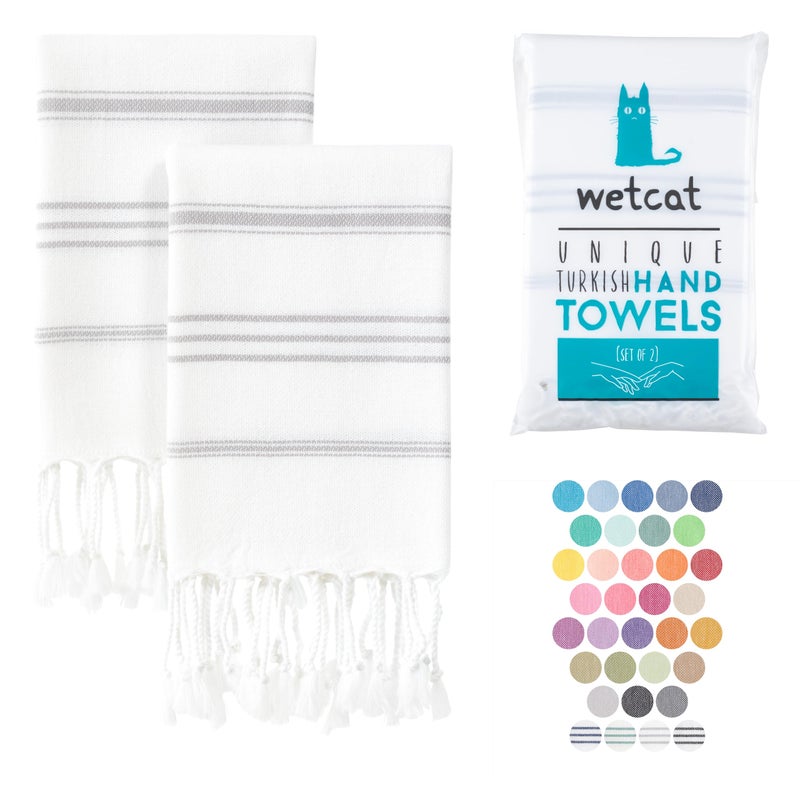 WETCAT Turkish Hand Towels with Hanging Loop Set of 2 20 x 30 100 Turkish Cotton PreWashed Quick Drying for Kitchen or Bathroom  Grey  White
