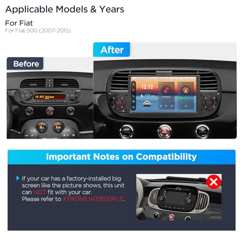 Xtrons إكس ترونز لفيات 500 (2007-2015) راديو بشاشة تعمل باللمس، 7 إنش أندرويد 14 ستيريو للسيارة لاستبدال وحدة الرأس في فيات 500 مع DSP مدمج، كار بلاي، أندرويد أوتو 4+64 جيجابايت (أسود) - Image 2