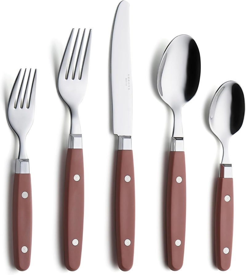 Annova ANNOVA Silverware Set Stainless Steel Cutlery Color Handle With RivetRetro Flatware Brown 20 Pieces - Image 1