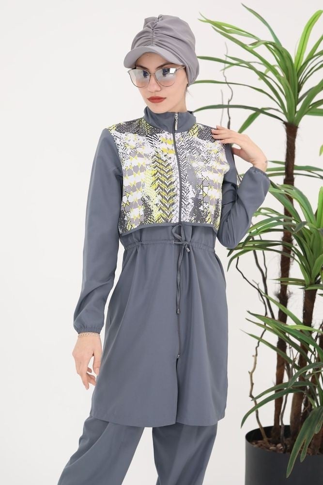 NS Tasarım NS Design Sabrina Gray Patterned Hijab Parachute Two Piece Swimsuit Set 364  - Image 2