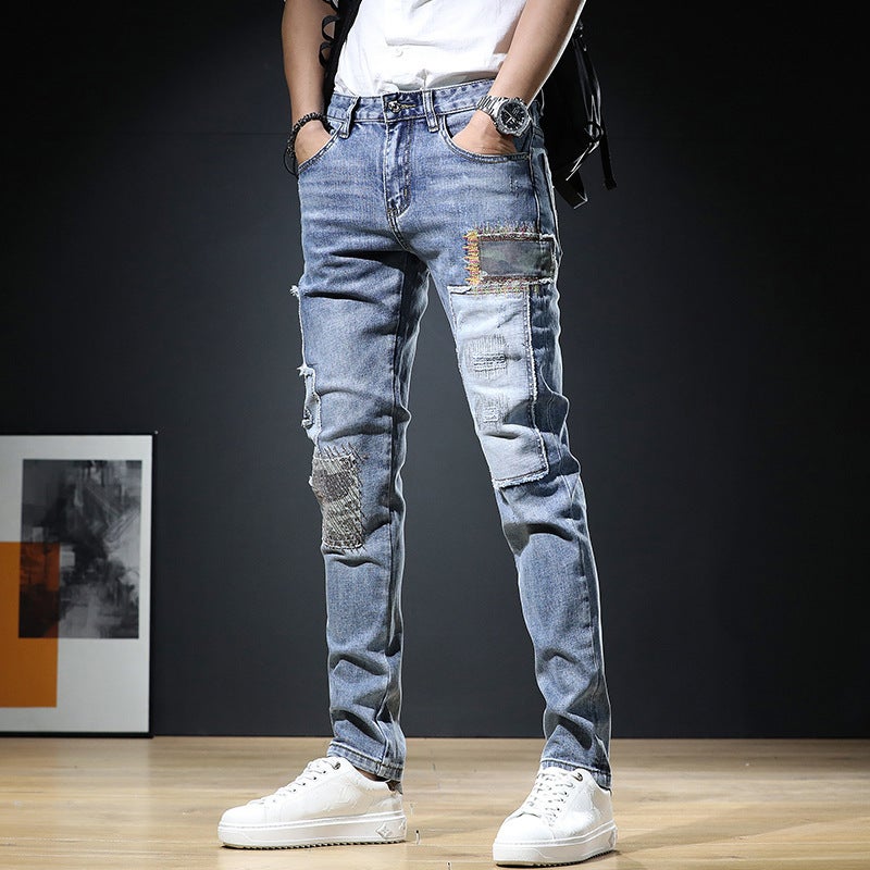 Autumn New Trendy Loose-Fit Printed Mens Jeans 6608 [Patch] light blue 