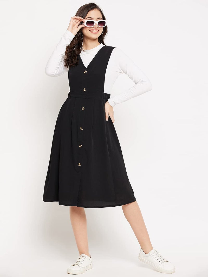WineRed Women Black Soild Pinafore Dress with Button - Image 3