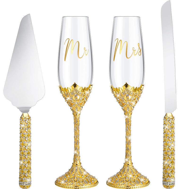 مجموعة سراتي المكونة من 4 قطع من سكاكين كعكة الزفاف وكؤوس الشمبانيا مع خدمة تقديم الكعكة وكؤوس الشمبانيا الكريستالية المرصعة بالأحجار الكريمة هدايا زفاف للزوجين العروس والعريس باللون الذهبي
