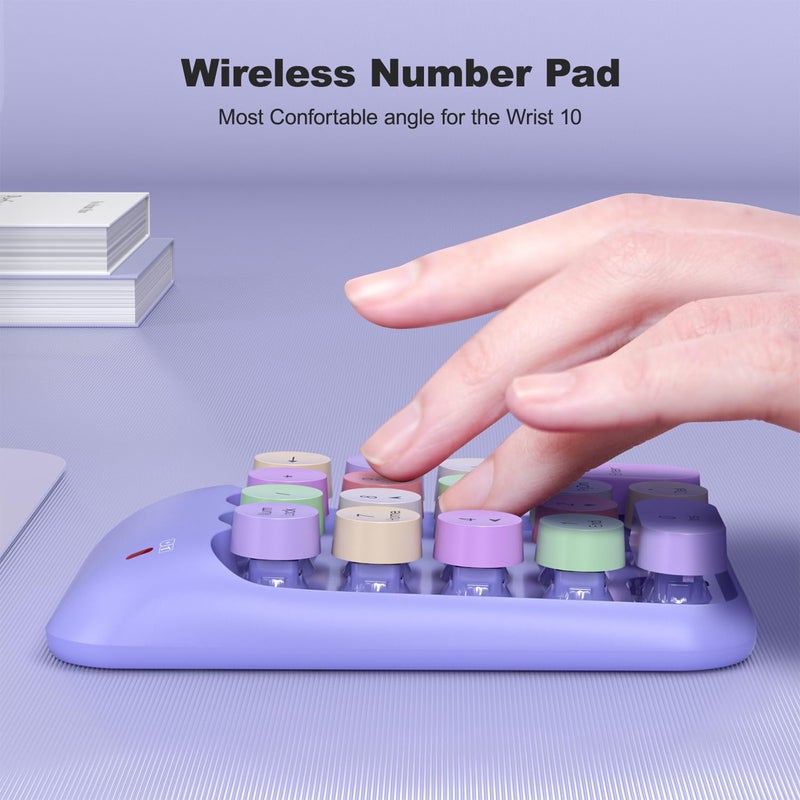 MOWUX Wireless Number Pads, Cute Colorful Numeric Keypad Numpad Portable 2.4 GHz Financial Accounting Number Keyboard Extensions, 18 Key Number Numpad for Laptop Desktop, PC (Purple) - Image 4