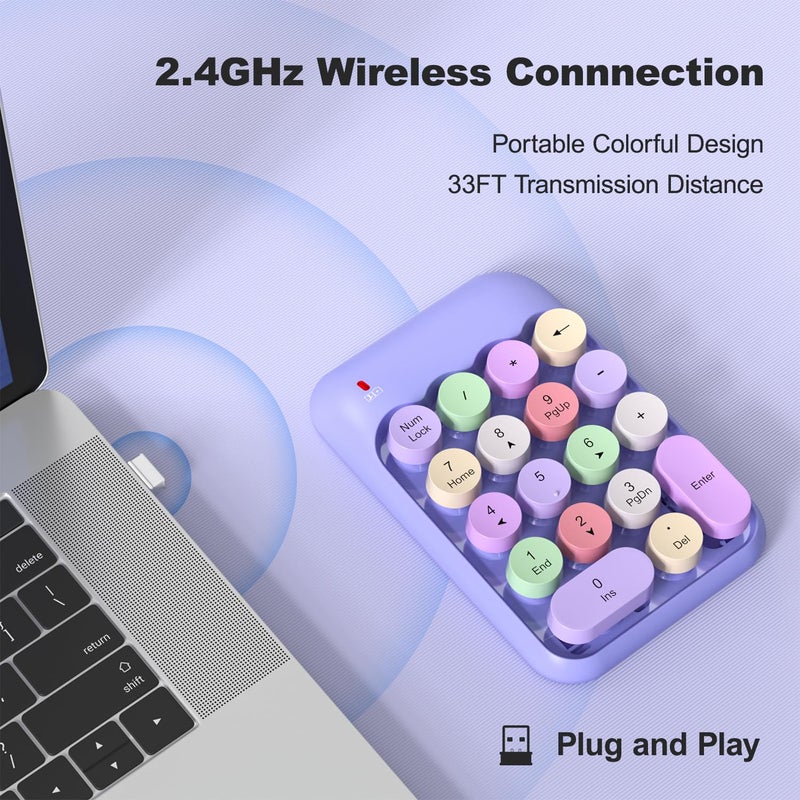 MOWUX Wireless Number Pads, Cute Colorful Numeric Keypad Numpad Portable 2.4 GHz Financial Accounting Number Keyboard Extensions, 18 Key Number Numpad for Laptop Desktop, PC (Purple) - Image 2