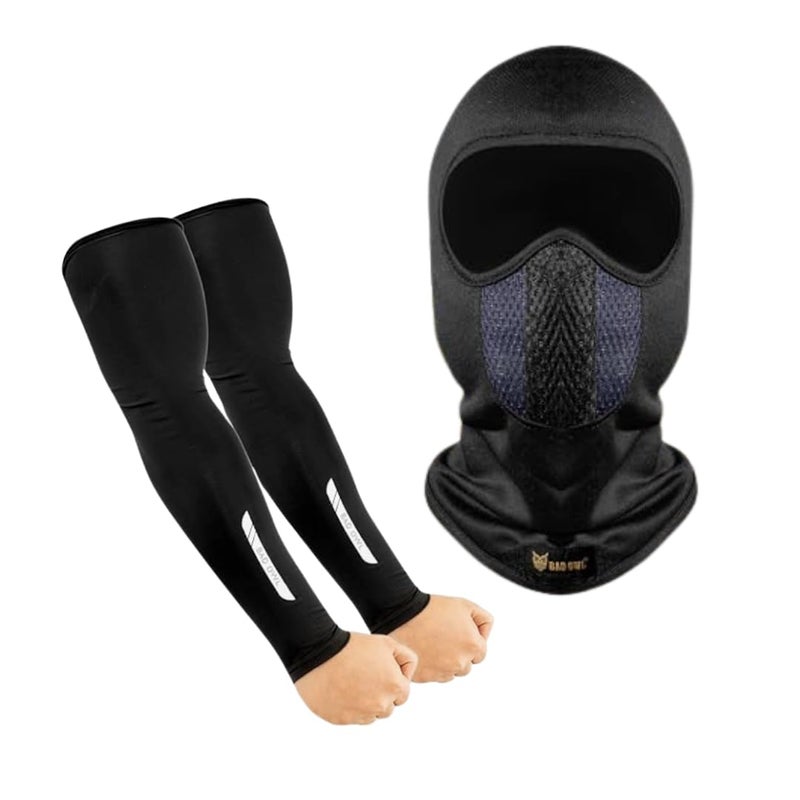 BADOWL Combo Pack: Full Face Balaclava for Men & Women - UV Protection, Breathable Fabric for Biking, Cycling & Outdoor Activities (Blue) + Arm Sleeves (Black) - Image 1