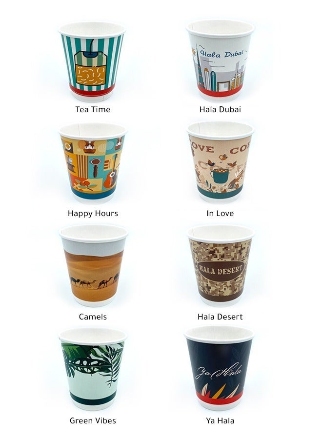 Halapack 4 Design Bulk Pack 14OZ Disposable Double Wall Paper Cups + 2 Bonus Cups - Image 1