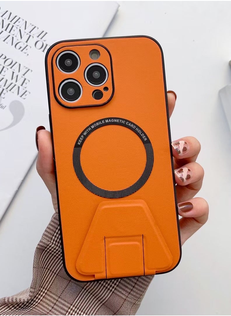 LEEKA - iPhone 12 Pro Max LEEKA Magsafe Wireless Charging Mobile Phone Leather Case For iPhone 14 Plus 13 Mini 12 11 Pro Max XS XR Buckle Ring Stand Back Cover apple iPhone 12 Pro Max (Orange) - Image 1