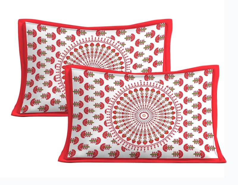 E-WISH BOX EWISH BOX Peacock Print Cotton Double Bedsheet Set with 2 Pillow Covers Red and White - Image 4