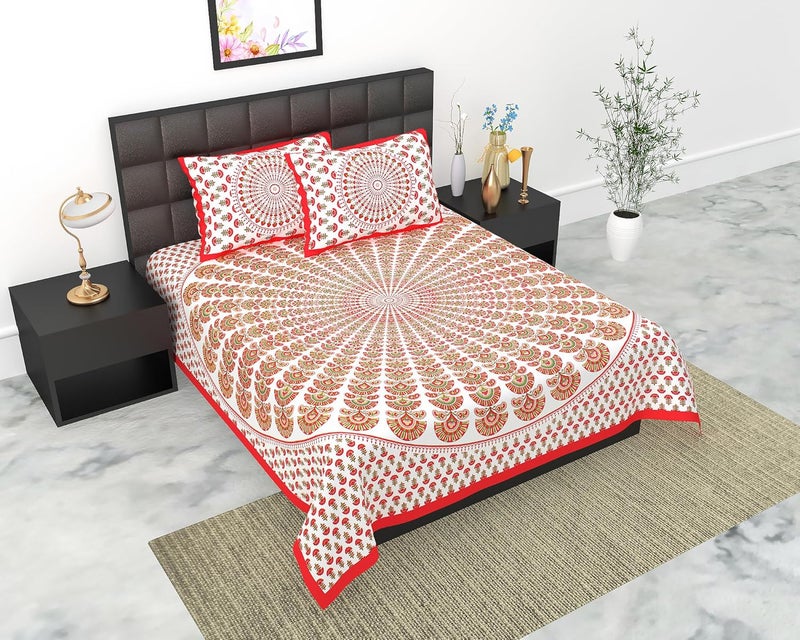 E-WISH BOX EWISH BOX Peacock Print Cotton Double Bedsheet Set with 2 Pillow Covers Red and White - Image 2
