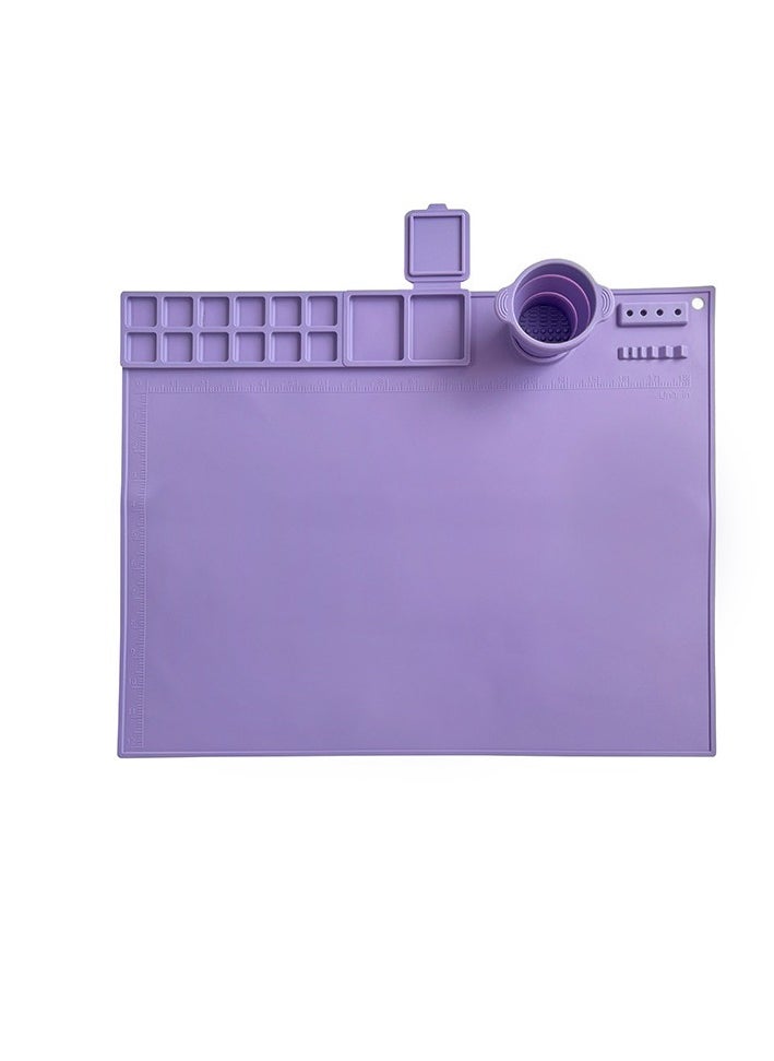 Purple Silicone Kids Art Mat 50x40cm - 14-Well Paint Palette, Brush Cup & Anti-Spill Edges | Leakproof Painting Surface with Measurement Grids  - Image 1
