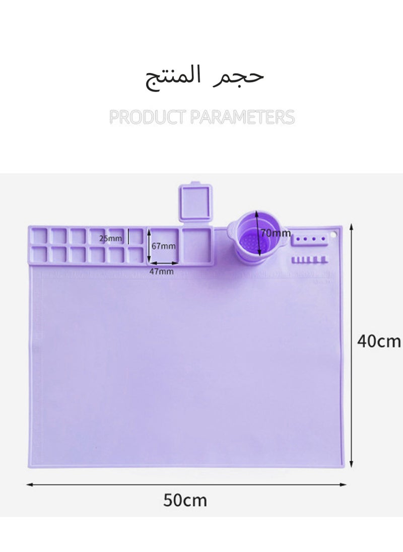 Purple Silicone Kids Art Mat 50x40cm - 14-Well Paint Palette, Brush Cup & Anti-Spill Edges | Leakproof Painting Surface with Measurement Grids  - Image 2