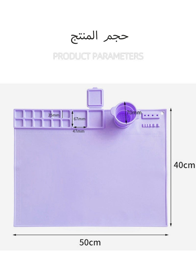 Purple Silicone Kids Art Mat 50x40cm - 14-Well Paint Palette, Brush Cup & Anti-Spill Edges | Leakproof Painting Surface with Measurement Grids - Image 2