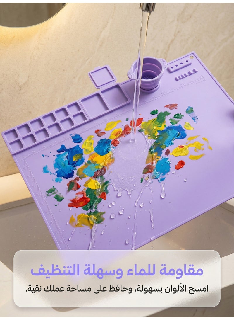 Purple Silicone Kids Art Mat 50x40cm - 14-Well Paint Palette, Brush Cup & Anti-Spill Edges | Leakproof Painting Surface with Measurement Grids - Image 5