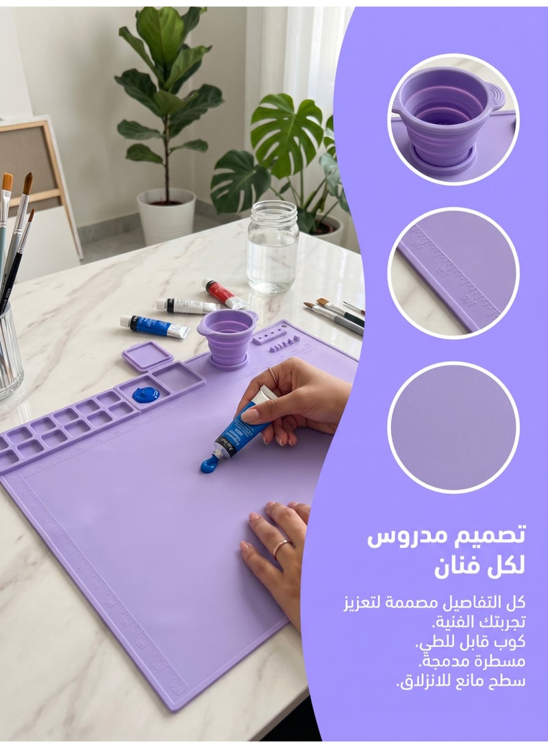 Purple Silicone Kids Art Mat 50x40cm - 14-Well Paint Palette, Brush Cup & Anti-Spill Edges | Leakproof Painting Surface with Measurement Grids - Image 4