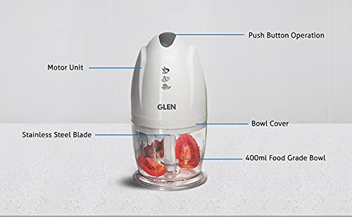 Glen Electric Chopper for Kitchen, 400ml Bowl, 200W Mini Fruit & Vegetable Cutter with Rust-Resistant Stainless Steel Blades, Whisker Disc, Chops Onion & Nuts - White (SA4041MC) - Image 4