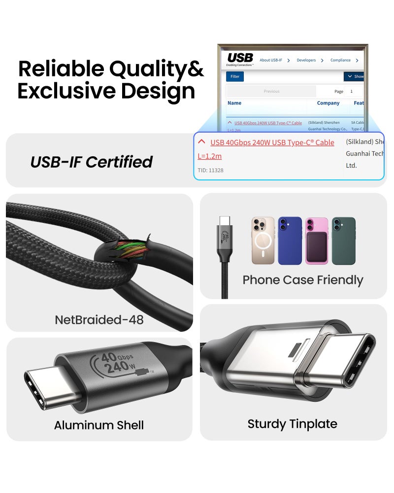 Silkland USB 4 for Thunderbolt 4 Cable 4FT, 40Gbps Data Sync, 8K/6K@60Hz, 240W Charging, [USB-IF Certified] USB C to USB C Thunderbolt Cable, Compatible for MacBook, iPhone 17, Mac mini, SSD, Docking - Image 5