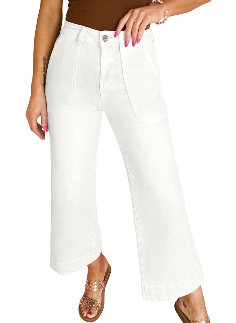 Astylish Women's Stretchy Breathable Straight Wide Leg High Waist Jeans Tummy Control Boyfriend Casual Flare Cropped Ankle Denim Trouser with Deep Front Pockets Plus Size Spring Clothes White Size 18 - Image 1