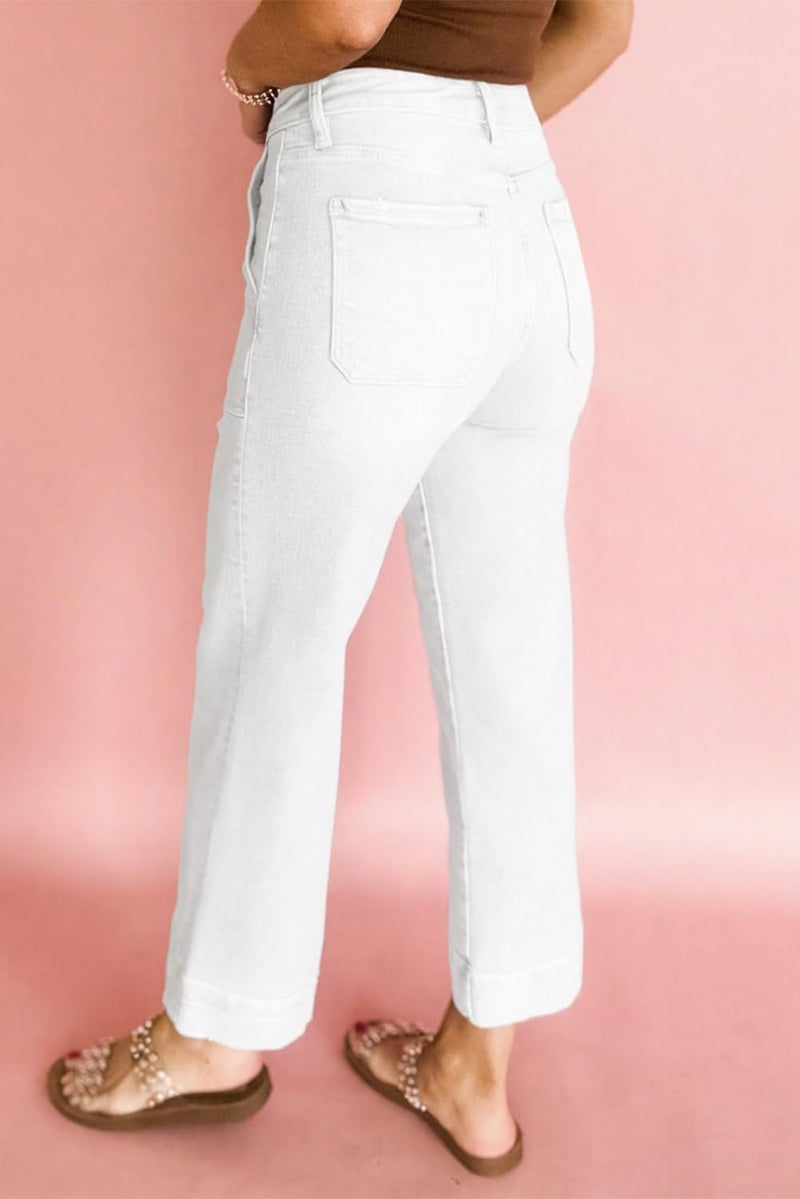 Astylish Women's Stretchy Breathable Straight Wide Leg High Waist Jeans Tummy Control Boyfriend Casual Flare Cropped Ankle Denim Trouser with Deep Front Pockets Plus Size Spring Clothes White Size 18 - Image 3