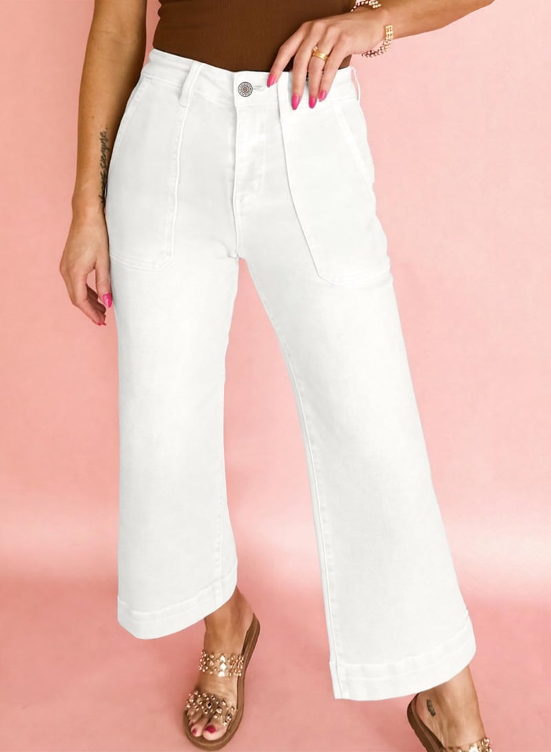 Astylish Women's Stretchy Breathable Straight Wide Leg High Waist Jeans Tummy Control Boyfriend Casual Flare Cropped Ankle Denim Trouser with Deep Front Pockets Plus Size Spring Clothes White Size 18 - Image 2