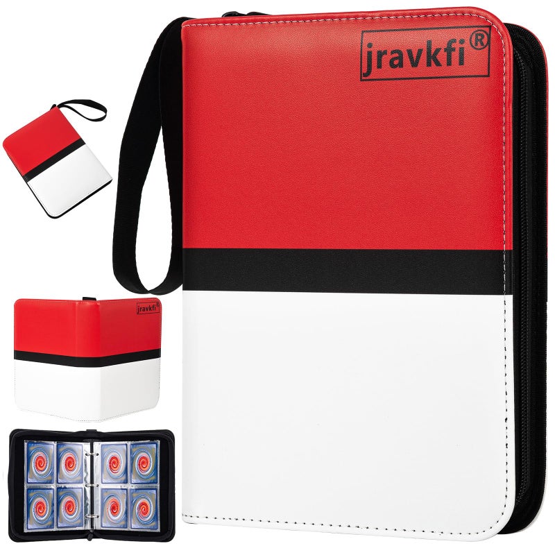 Jravkfi 4 Pocket Trading Card Binder 400 Pockets Trading Card Collection Book With Sleevese 3-Ring Zipper Sports Card Album With 50 Removable Double-Sided Card Holder For Standard Size Cards(Red) - Image 1