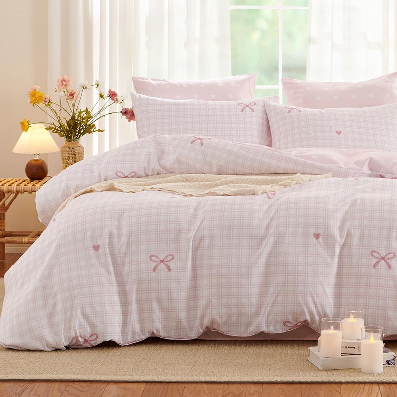 Erwinmu Gingham Comforter Set Twin Size,2 Pieces Pink Plaid Bow Ties Comforter Bedding Sets Reversible Pattern for Girls Kids,Cozy Breathable Microfiber Comforter and 1 Pillowcase - Image 1