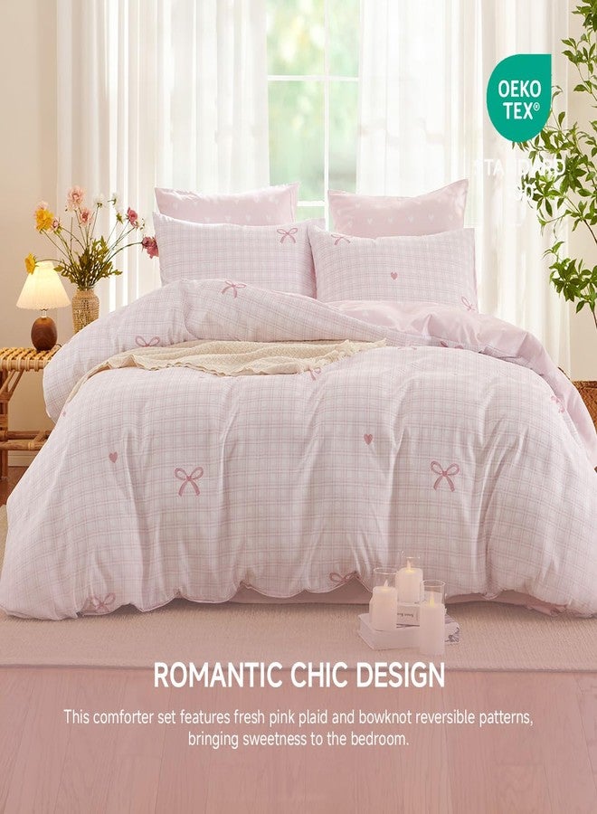 Erwinmu Gingham Comforter Set Twin Size,2 Pieces Pink Plaid Bow Ties Comforter Bedding Sets Reversible Pattern for Girls Kids,Cozy Breathable Microfiber Comforter and 1 Pillowcase - Image 3