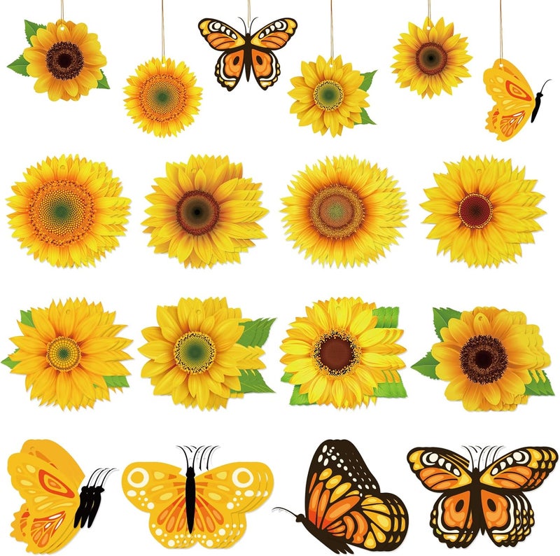 Lemicin 36 Pcs Sunflower Butterfly Ornaments for Tree, Summer Wooden Ornament Decoration Pendant Hanging Tags with Rope Paper Sunflower Ornaments for Home Small Tree Party Favors (Yellow) - Image 1