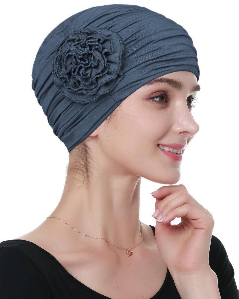 Alnorm Ruffled Headcoverings Flower Beanie for Girls Dark Blue Gray - Image 1