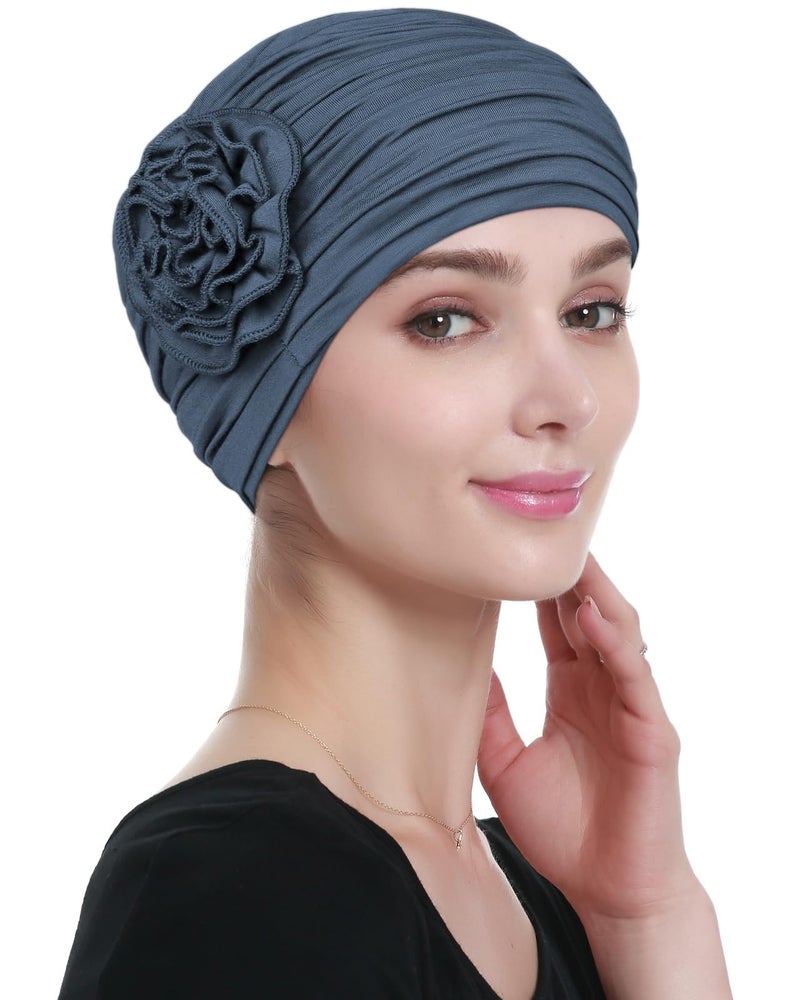 Alnorm Ruffled Headcoverings Flower Beanie for Girls Dark Blue Gray - Image 3