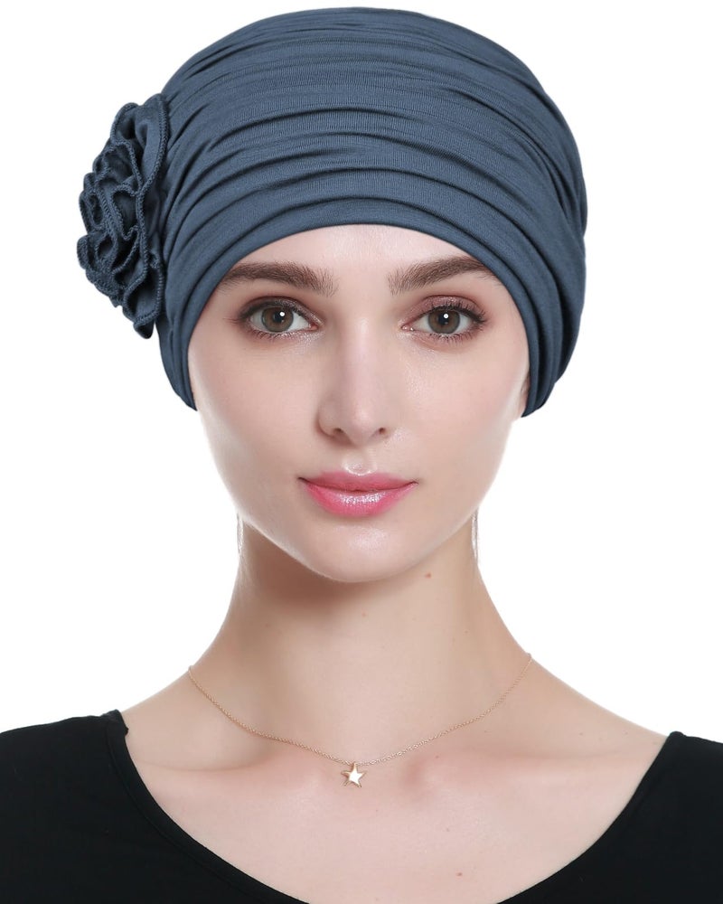 Alnorm Ruffled Headcoverings Flower Beanie for Girls Dark Blue Gray - Image 2