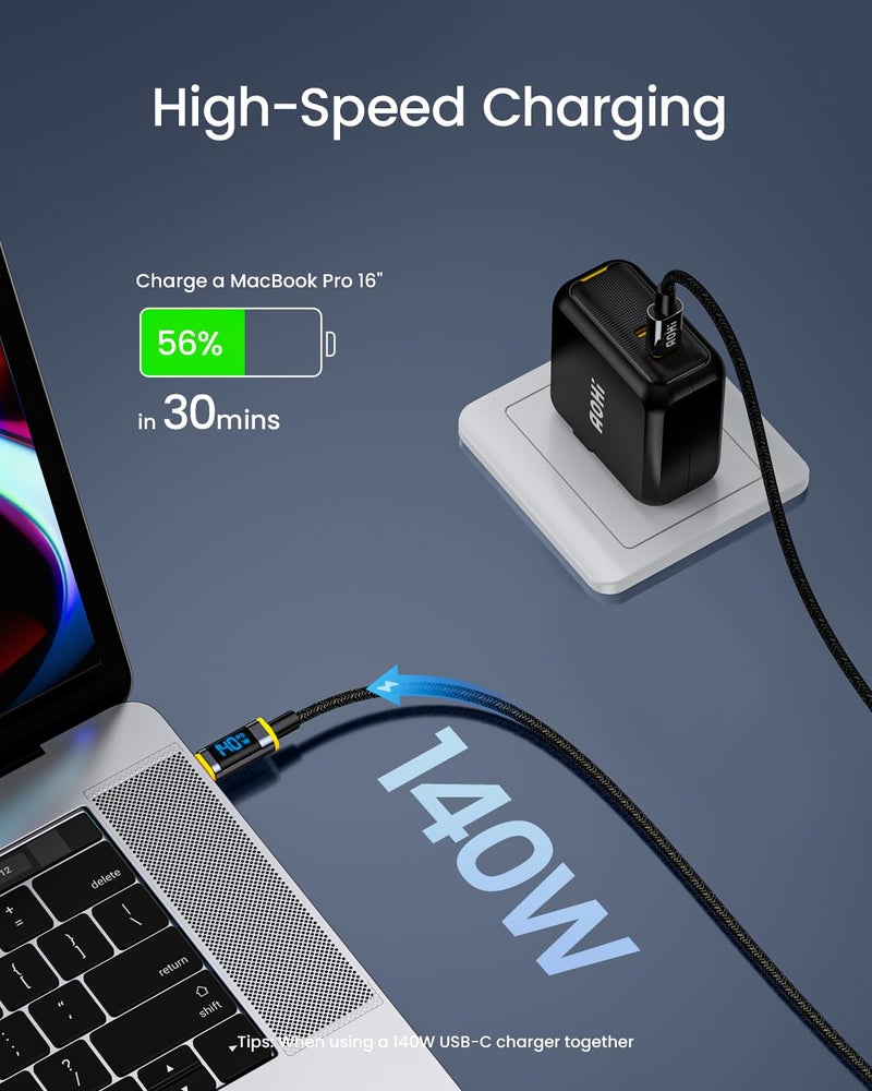 AOHI 140W USB C to USB C Cable with Display, Magline USB C Cable Nylon 4ft Type C Fast Charging Cable Cord Compatible with iPhone 15 Pro Max, Galaxy, MacBook Pro/Air, iPad Pro/Air, Pixel and More - Image 4