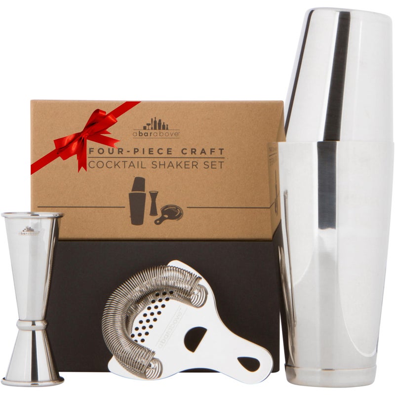 A Bar Above Cocktail Shaker Set, 4-Piece Professional Bartender Kit with Boston Shaker, Strainer, Jigger, and Bar Spoon, Stainless Steel Bar Accessories for Craft Cocktails, Silver - Image 1