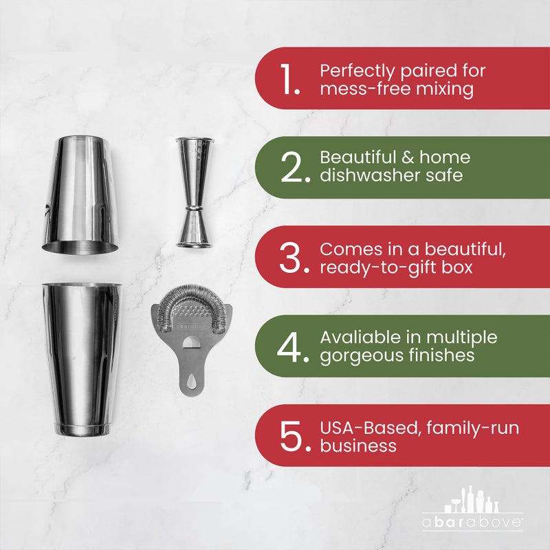 A Bar Above Cocktail Shaker Set, 4-Piece Professional Bartender Kit with Boston Shaker, Strainer, Jigger, and Bar Spoon, Stainless Steel Bar Accessories for Craft Cocktails, Silver - Image 3