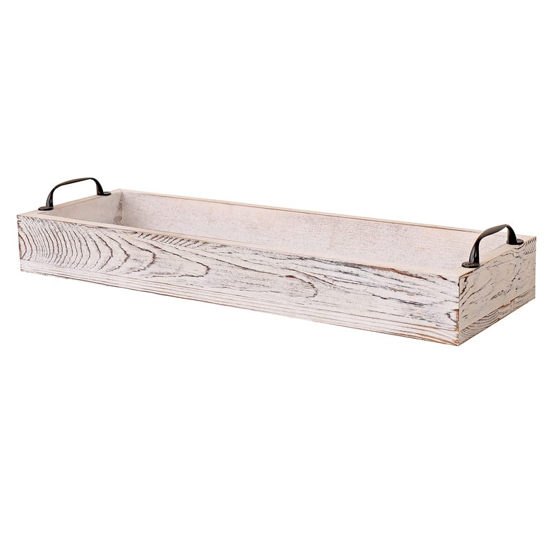 SWT8CAI Rustic Wooden Serving Trays Rectangular with Handle,Ottoman Tray for Living Room 16 Inch Long for Serving Wine(whitewashed) - Image 1
