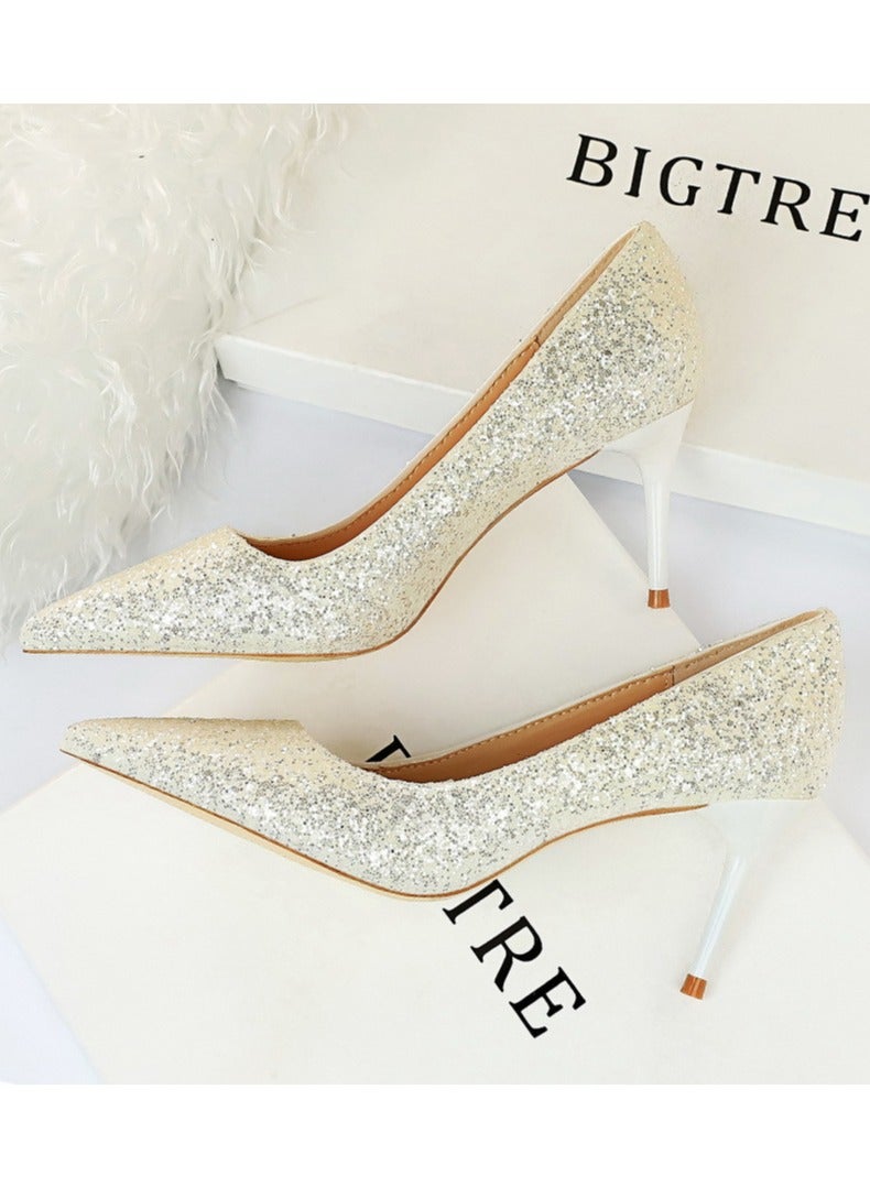 BIGTREE 7.5CM European-Style Women's Shallow Mouth Pointy Glitter Slim Heels White - Image 1