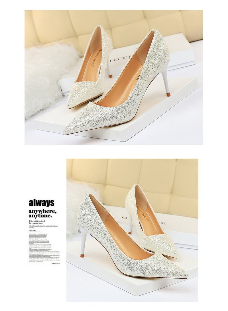 BIGTREE 7.5CM European-Style Women's Shallow Mouth Pointy Glitter Slim Heels White - Image 2